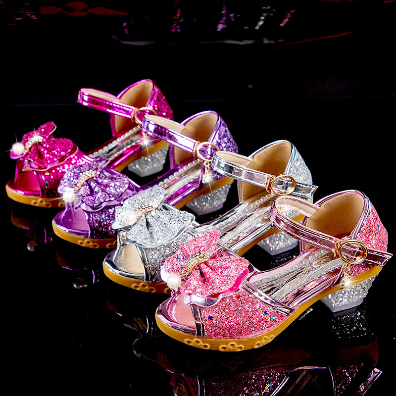 Girls' Sandals High-Heeled Crystal Princess Shoes 2026 Spring and Autumn New Korean Style Baby Elsa Performance Shoes for Older Children