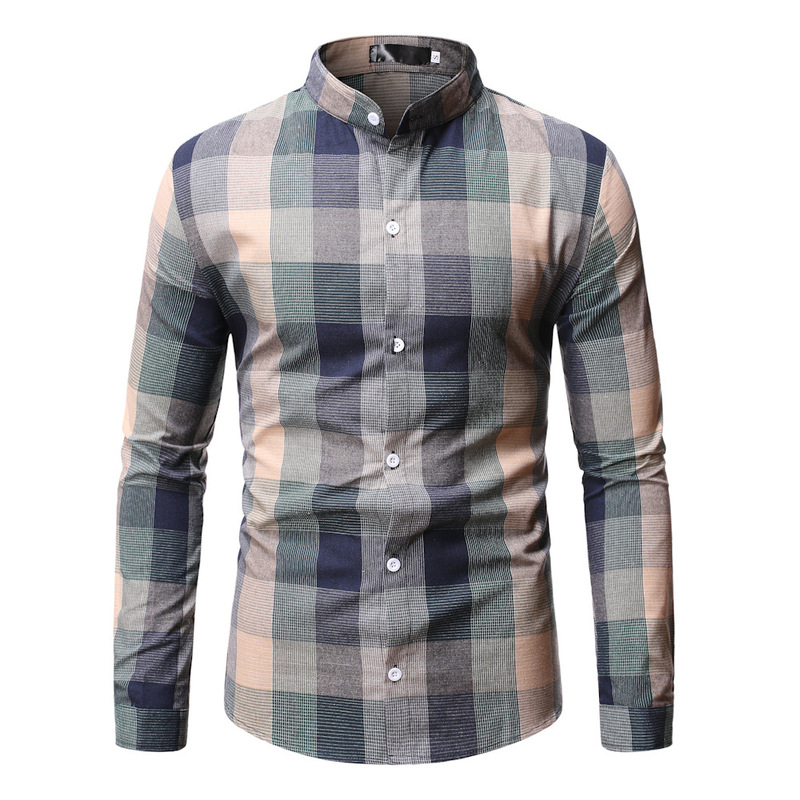 Foreign Trade Men's Autumn and Winter New Long-Sleeved Shirts Amazon Men's Stand-Up Collar Plaid Base Shirts