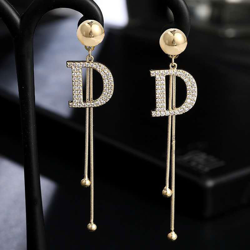 Korean New S925 Silver Needle Elegant Full Diamond D Letter Long Earrings Fashion Tassel Earrings Internet Celebrity Women's Earrings
