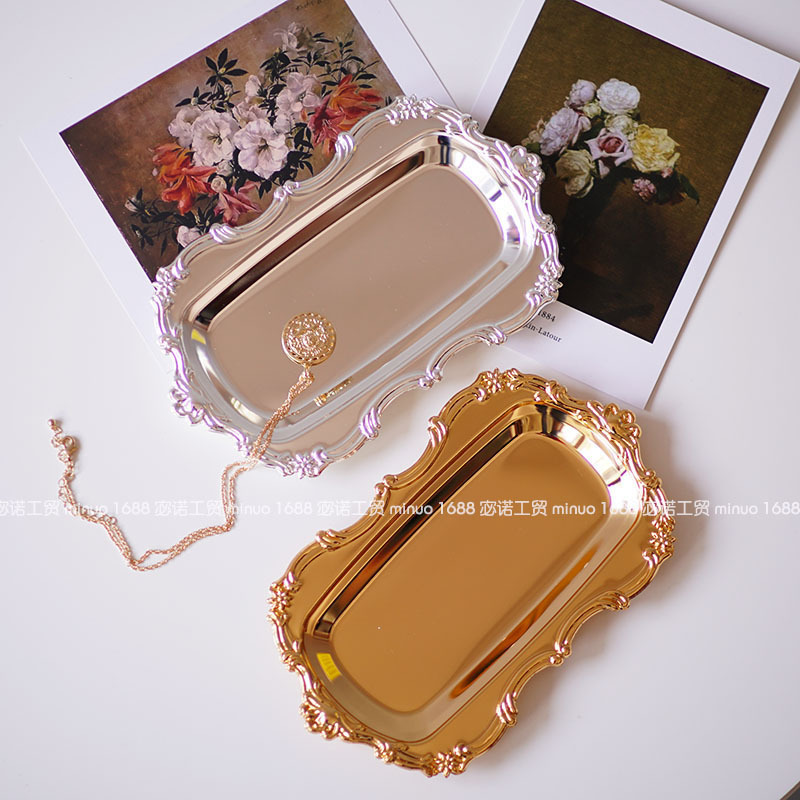 Vintage European-style silver-plated wedding hotel towel tray embossed metal stainless steel plate fruit plate disc rectangular plate