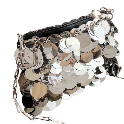 Retro silver shiny bag hand-woven beaded sequin bag mobile phone bag long shoulder strap single shoulder crossbody bag for women
