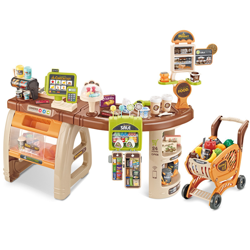 Carro de la compra del supermercado de los niños transfronterizos combinación traje lector de tarjetas de escaneo Mesa expendedora juego casa supermercado Juguetes