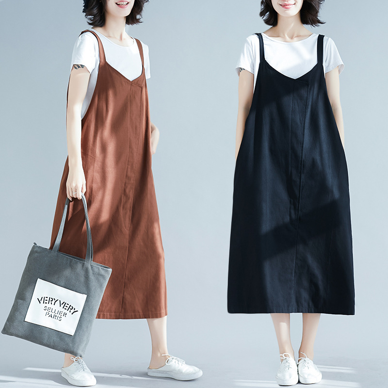 2026 Summer New Style Middle-Aged Women's Artistic Loose-Fitting Patchwork Solid Color Cotton-Linen Suspender Dress Mid-Length Tank Dress