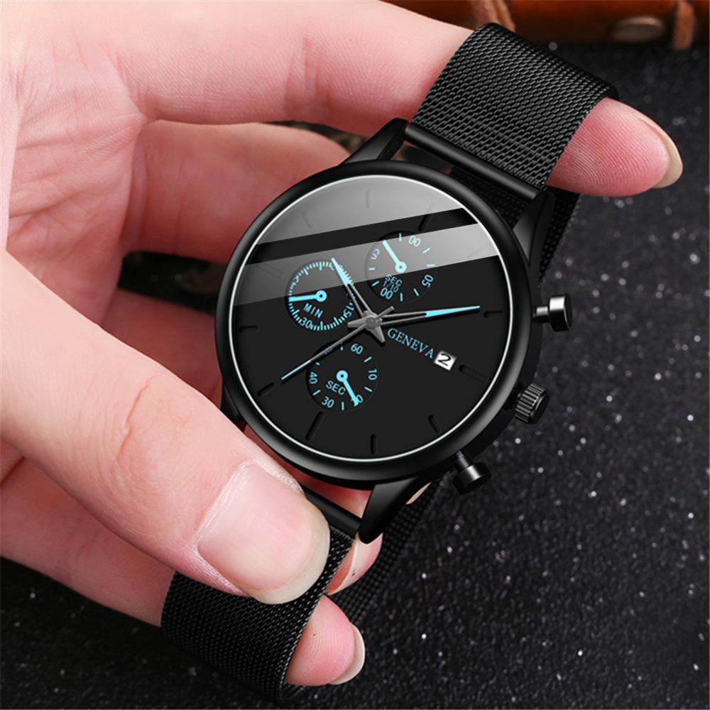 Factory Direct Supply of New Men's Watches, Hot Selling Trendy and Fashionable Fake Three-Eye Men's Mesh Strap Calendar Watches for Dropshipping