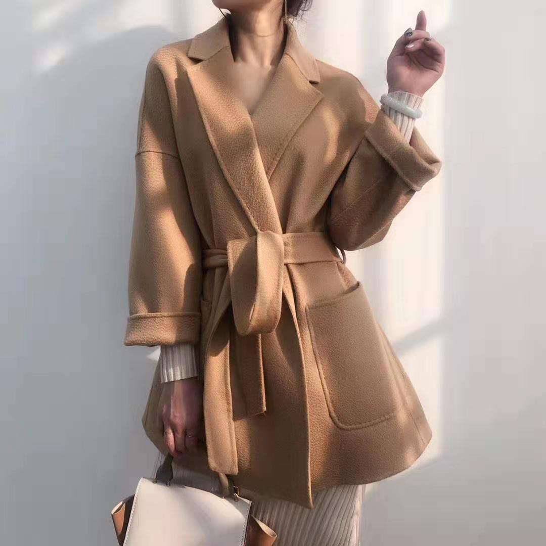 M同款短款水波纹大衣轻奢手工宽松小个子双面呢中长款羊毛外套