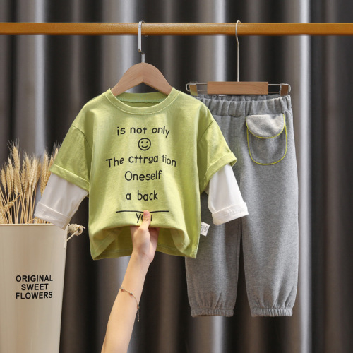 Boys spring suit  new children's fake two-piece t-shirt spring and autumn baby autumn Korean style children's jeans