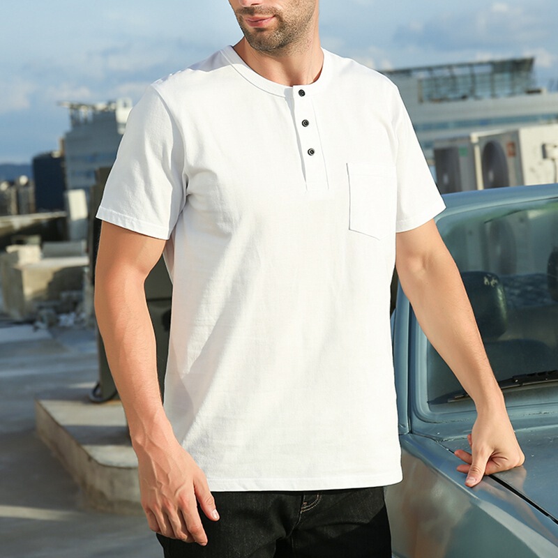 Summer Men's Henry Collar Men's Pure Cotton Short-sleeved T-shirt Casual Fit Hong Kong-style White T-shirt All-match Pullover Base Shirt