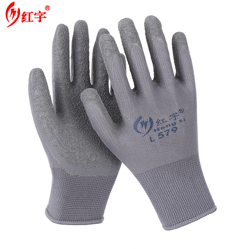 灰纱灰皱纹手套，红字均码防滑耐磨家用工地修理防护劳保手套批发