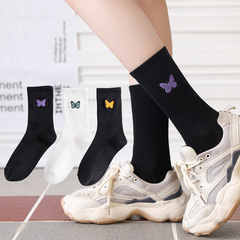 Embroidered Butterfly Women's Socks - Autumn/Winter New Arrival High Elastic Solid Color Mid-Calf Socks - Personality Cotton Trendy Women's Socks Wholesale
