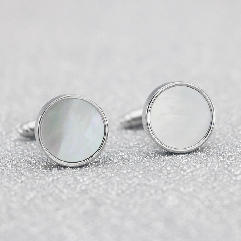 Trendy simple round natural white shell cufflinks men and women cufflink French style shirt cuff silver cufflinks