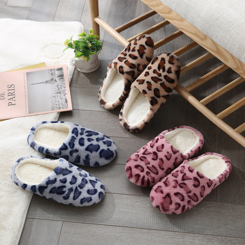 Leopard print indoor silent soft-soled slippers for home decor, wooden floor, tile floor, underfloor heating, Japanese-style warm cotton slippers