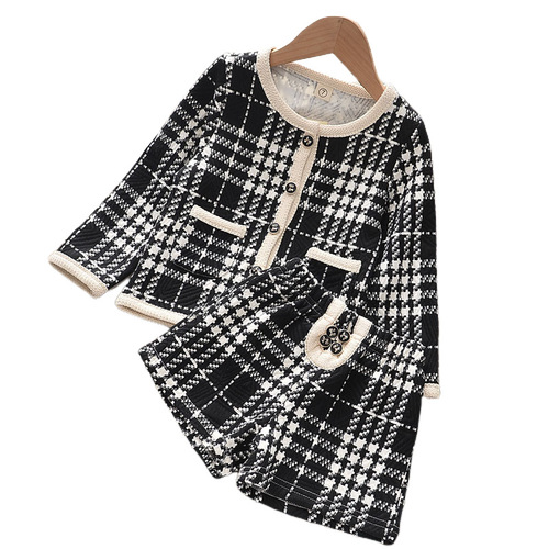 Foreign trade autumn new children's suit girls' western style black plaid pattern jacket + shorts two-piece set
