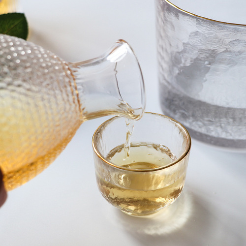 Japanese sake pot, sake cup, gold hammered glass wine dispenser, white wine cup, hot pot, wine warmer, wine set