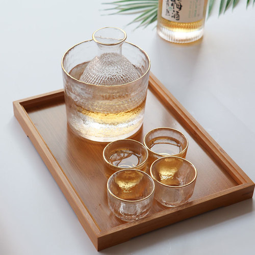 Japanese sake pot, sake cup, gold hammered glass wine dispenser, white wine cup, hot pot, wine warmer, wine set