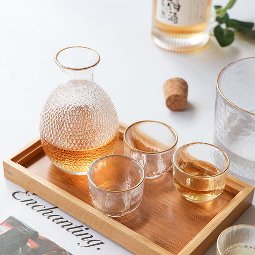 Japanese sake pot, sake cup, gold hammered glass wine dispenser, white wine cup, hot pot, wine warmer, wine set