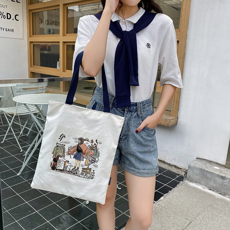 【帆布包】批发印花文艺单肩帆布包 女式手提购物卡通人物帆布包