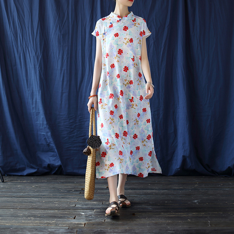 2093 Xi Mo Original Summer Cotton and Linen Digital Printing Chinese Artistic Improved Cheongsam Hand-stitched Bead-button Dress