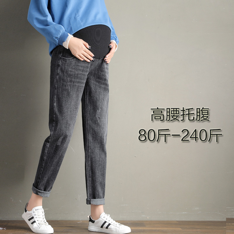 Plus-Size Maternity Jeans for Spring and Autumn, Outerwear, Extra-Large Leggings, Fleece-Lined, Thickened, Stylish Dad-Style Casual Pants