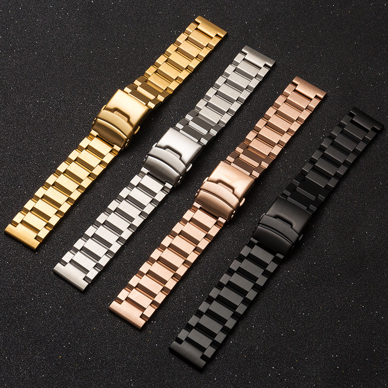 Watch Strap Three-Bead Stainless Steel Solid Steel Strap Edge Press Foldableing Buckle Stainless Steel Men's and Women's Watch Strap Bracelet 4 Colors Optional