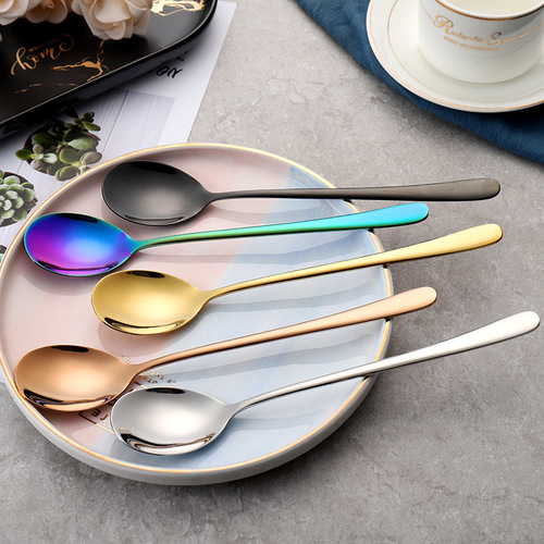 Internet celebrity spoon household 304 stainless steel tableware creative spoon dessert round head spoon Korean long-handled bibimbap spoon