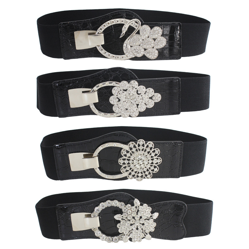 Floral diamante incrustado hebilla cintura elástica sello vestido de moda de las mujeres cintura decorativa 5cm negro elástico cinturón ancho 7
