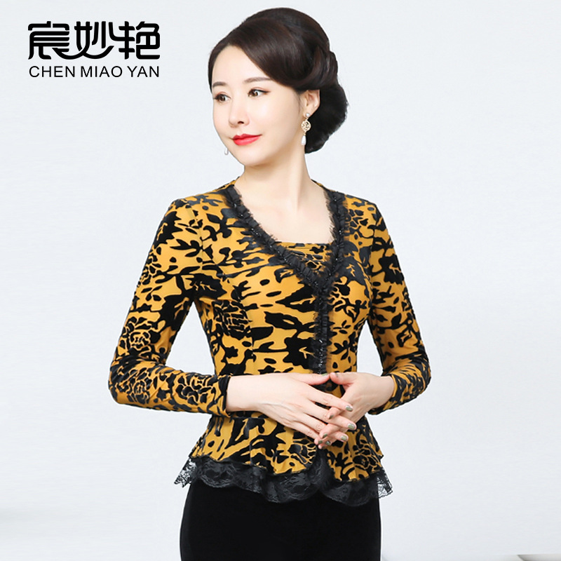 秋季新款长袖T恤女士蕾丝花边打底衫木耳边丝绒大码上衣厂家批发