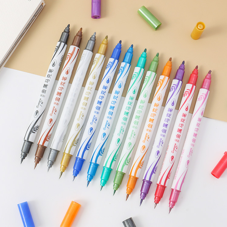 Guangna 6551 pluma de metal suave y duro de doble cabeza 12 colores traje DIY tarjeta negra pintura decorativa marcador nacarado a base de agua