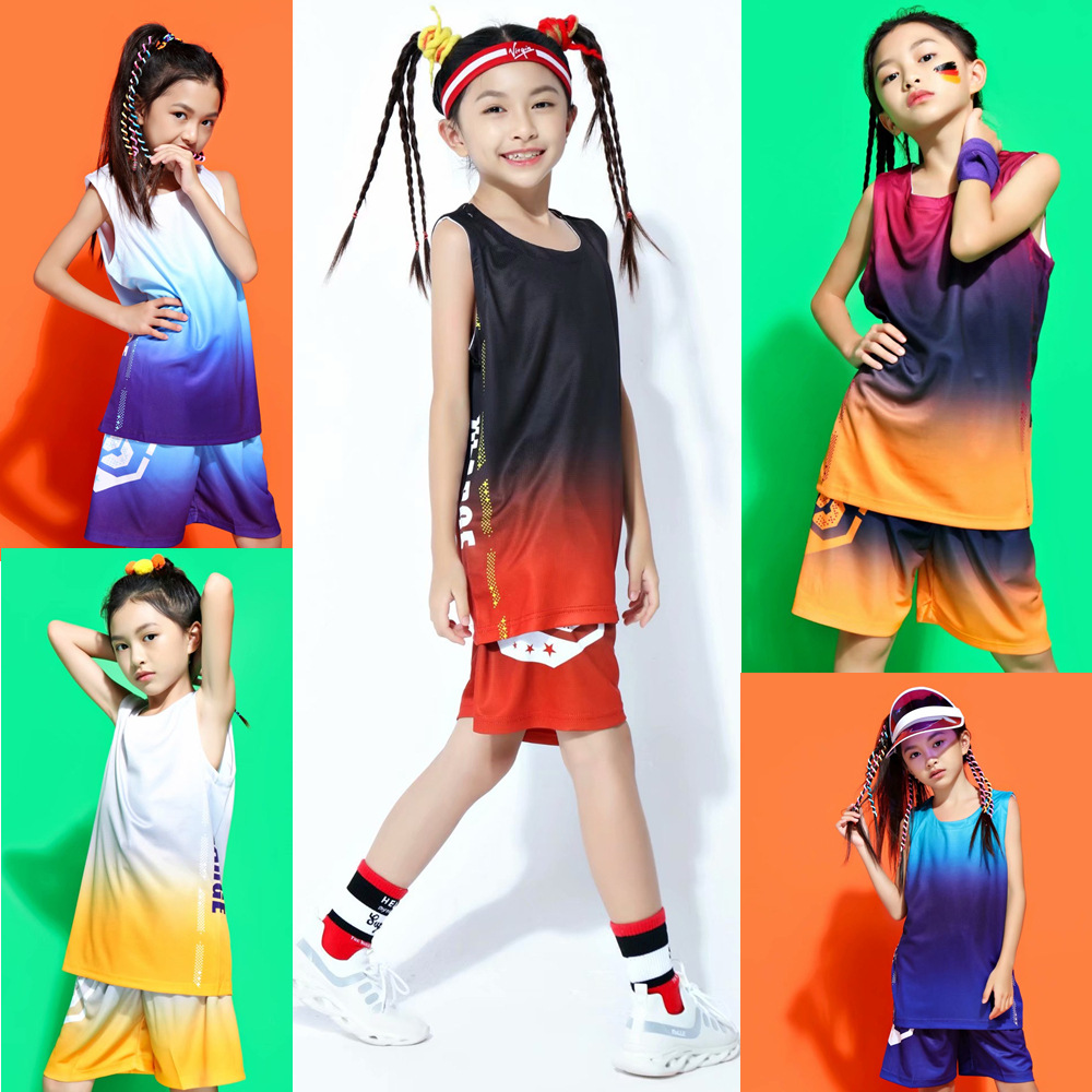 Children's Basketball Uniform Set for Girls, Toddlers, Elementary School Students, Color-Blocked Training Team Uniform, Sports Jersey, Short-Sleeved, Quick-Drying