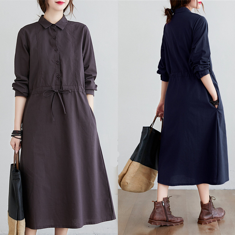 Real Shot of 2026 Spring and Autumn Style, Artistic Retro Loose-Fitting Plus-Size Women's Cotton and Linen Dress, Single-Breasted Long-Sleeve Shirt Dress