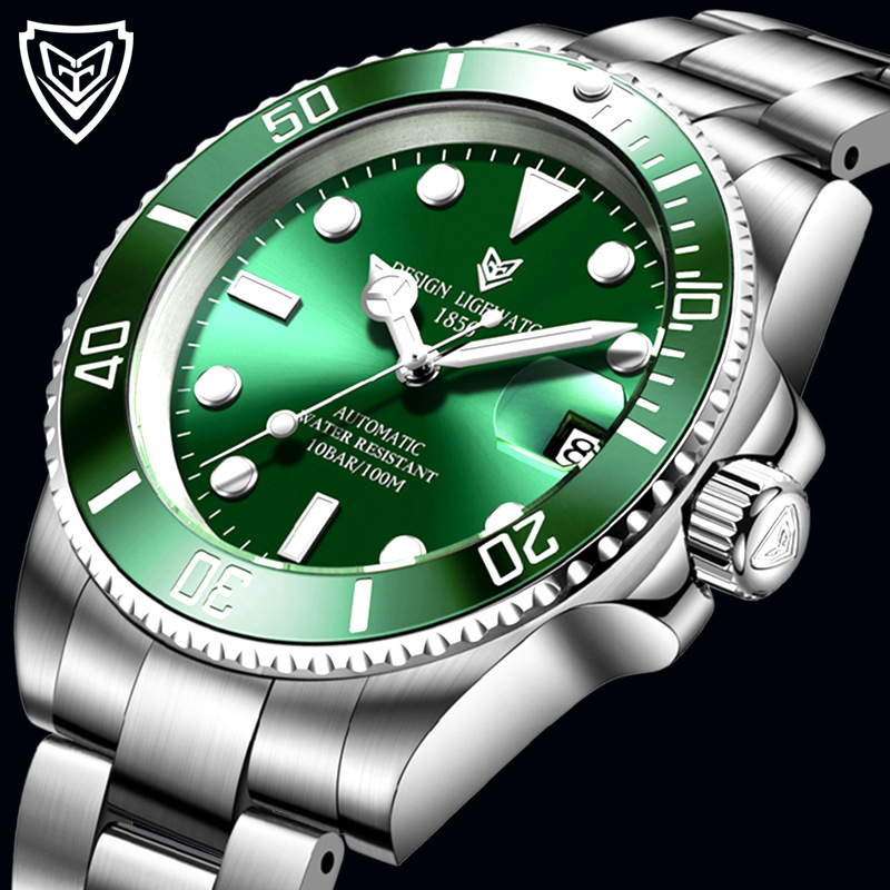 LIGE reloj de acero inoxidable para hombre reloj mecánico automático calendario agua fantasma reloj luminoso reloj de buceo 6801