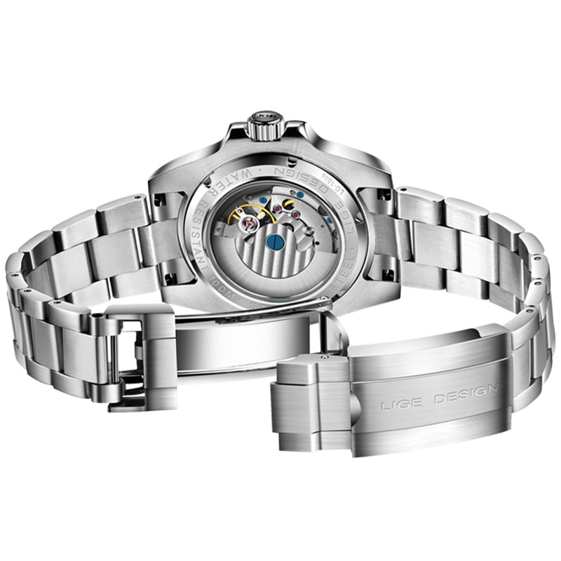 LIGE reloj de acero inoxidable para hombre reloj mecánico automático calendario agua fantasma reloj luminoso reloj de buceo 6801