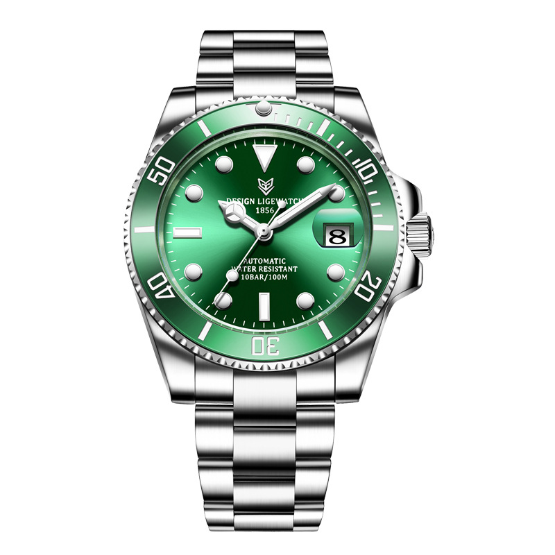 LIGE reloj de acero inoxidable para hombre reloj mecánico automático calendario agua fantasma reloj luminoso reloj de buceo 6801