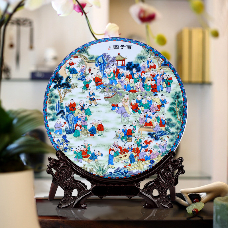 35cm瓷盘 青花雪景陶瓷装饰盘子 溪山行旅 花盘现代家饰客厅摆件
