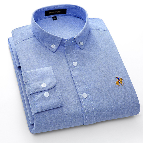 Pure Cotton Oxford Fabric Men's Long-Sleeve Solid Color Shirt Large Size All-Cotton Embroidered Blouse