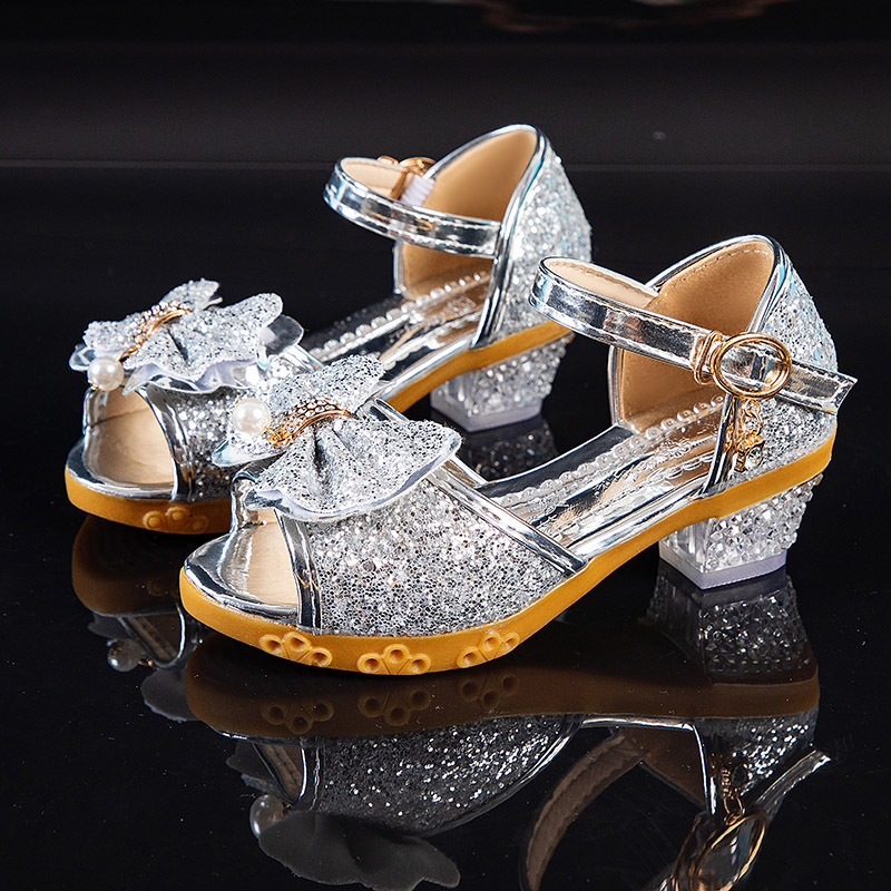 Princess Shoes Girls Sandals Summer New Korean Style Little Girl Elsa Student Performance Korean Style High Heel Sequin Shoes