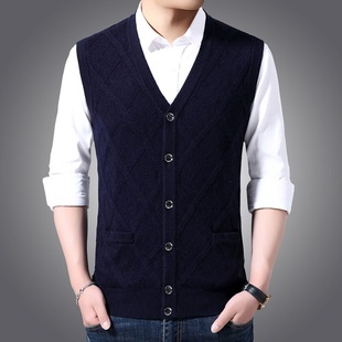 Men's Wool Vest Sweater Vest for Middle-Aged and Elderly Dads, Business Sleeveless V-Neck Vest, Autumn and Winter Full Wool Sweater