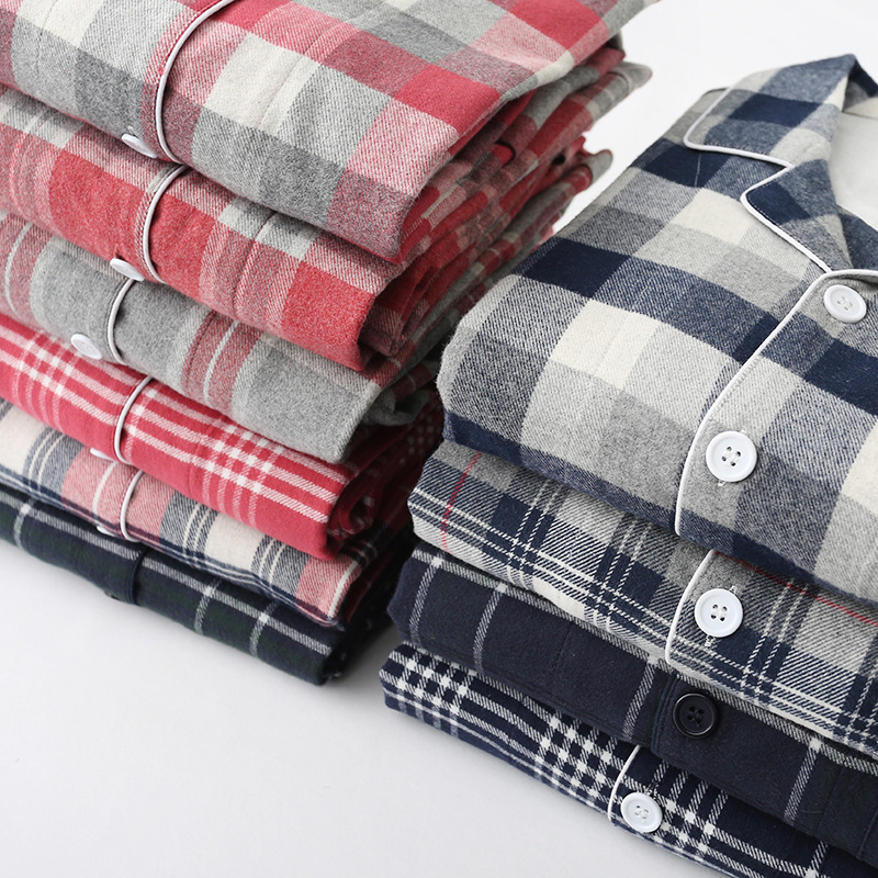 Autumn and Winter Couple Pajamas Pure Cotton Brushed Men's and Women's Set Plaid Unprinted Japanese-Style Flannel Loungewear Warm