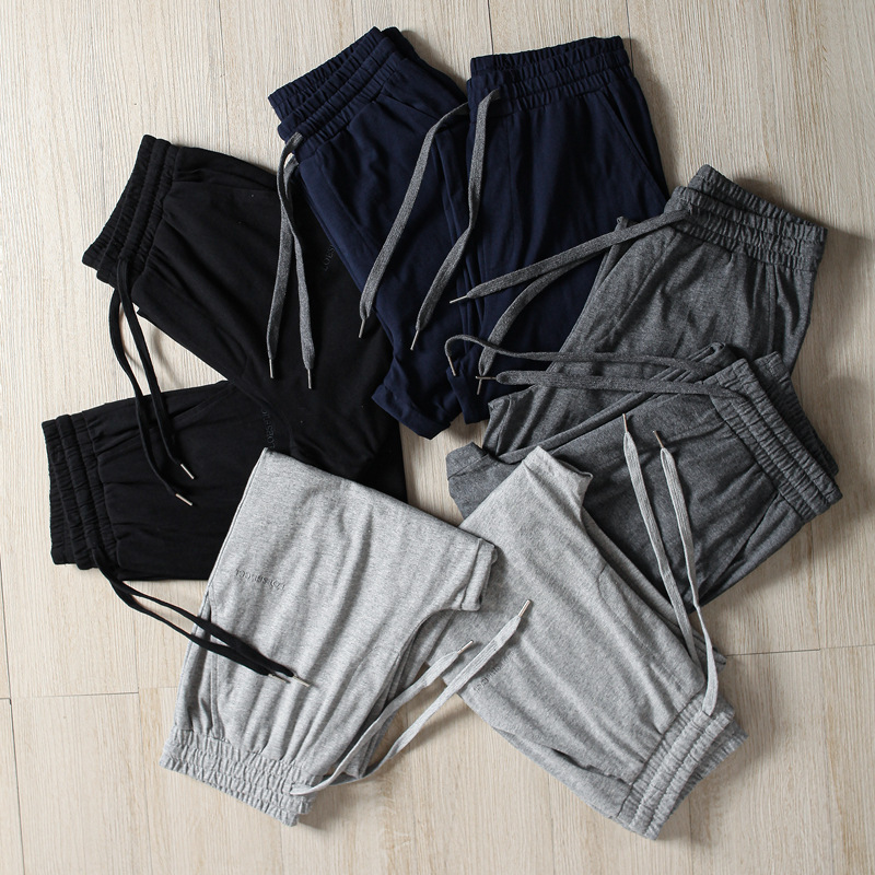 Drawstring small letter embroidery 100 pure cotton solid color thin sports casual pants men's spring and summer small feet long pants
