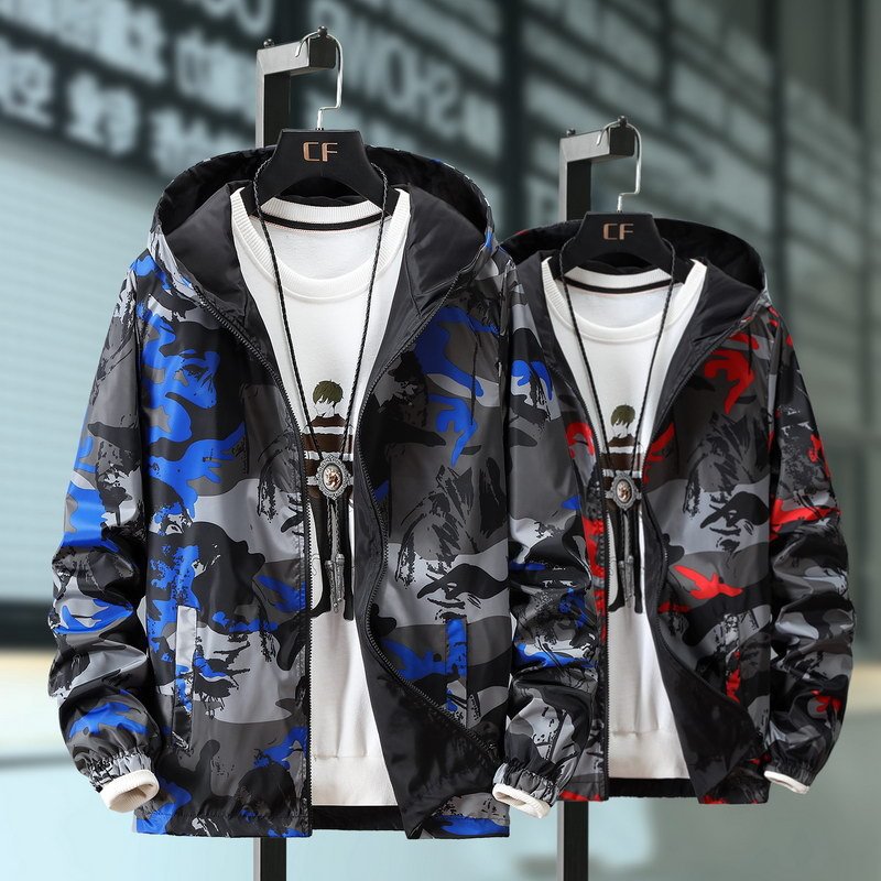 New casual jacket men's plus size hooded trendy camouflage two-sided wear men's spring and autumn workwear jacket