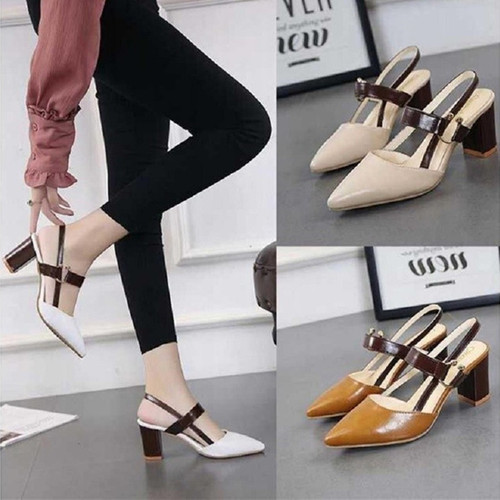 2024 Spring and Summer New Style Shoes for Women with Pointed Toe Thick Heel Baotou Women's Shoes Medium Heel Slotted Buckle High Heels Hollow Women's Sandals
