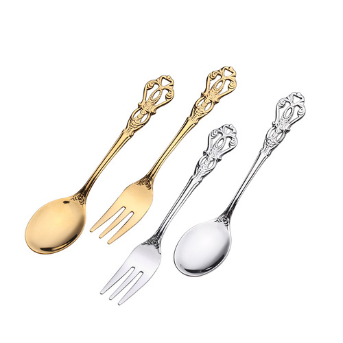 Q Imperial Court Hollow Carved Relief Dessert Spoon with Three-Tined Fork Stirring Spoons Set, European Carved Pattern Tableware Gift Vintage Spoons