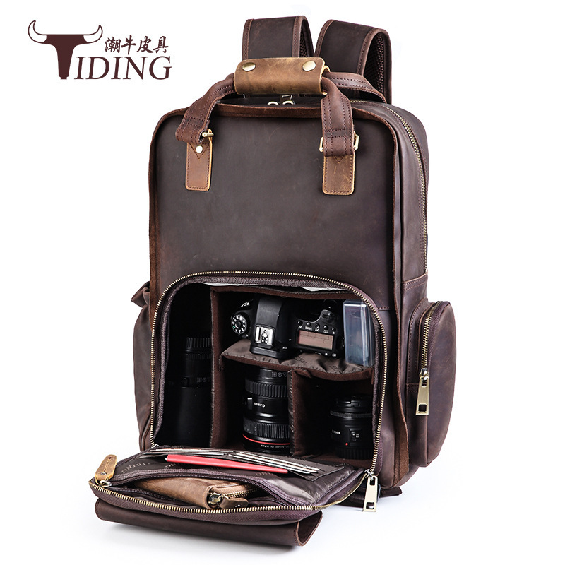 Outdoor Photography Bag Vintage Crazy Horse Leather Backpack Leather SLR Camera Bag Detachable Liner Camera Backpack