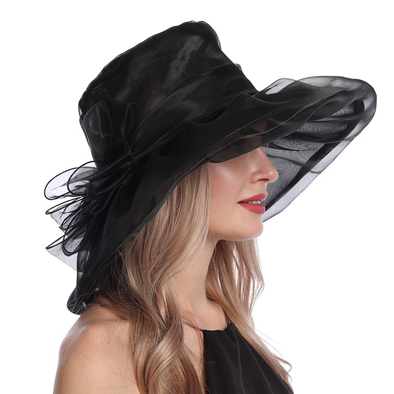 Mesh Hat, European and American Summer New Organza Large Brim Sunshade Hat, Foldable and UV Resistant Beach Top Hat for Women_voghion.com