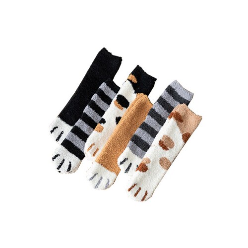 Winter thickened plush coral velvet mid-tube confinement socks cute and sweet cartoon cat cat paw home floor socks