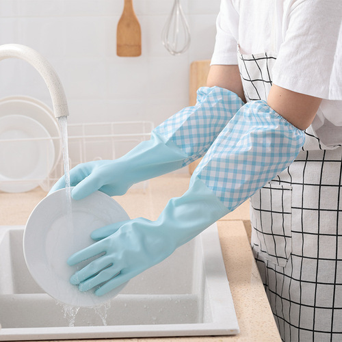 Kitchen housework cleaning laundry rubber gloves women's extended waterproof, durable and beautiful single-layer glove dishwashing gloves