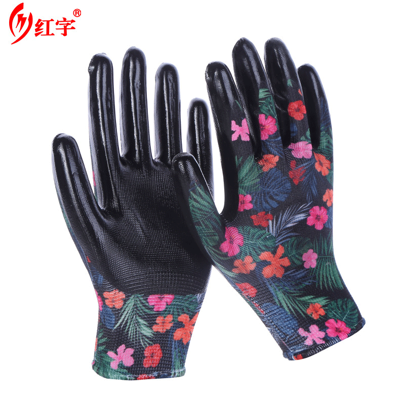 Guantes de nitrilo de impresión de nylon sumergiendo guantes de protección laboral antideslizante resistente al desgaste sitio de construcción transpirable jardinería Comercio exterior guantes de trabajo