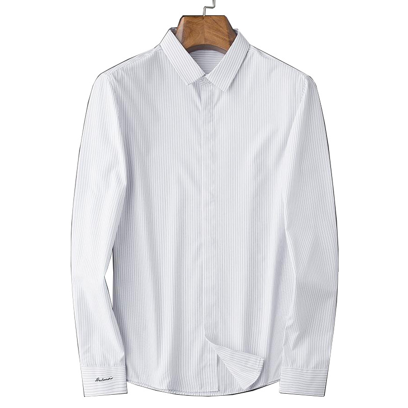 Affari leggeri a maniche lunghe, sensazione di fascia alta, abbottonatura scura, bella camicia a righe, casual professionale da uomo, pollici_voghion.com