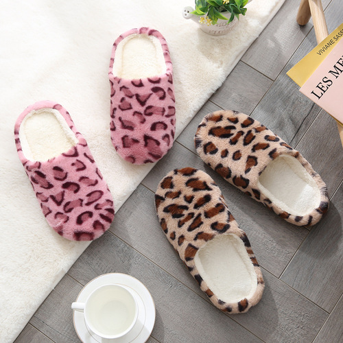 Leopard print indoor silent soft-soled slippers for home decor, wooden floor, tile floor, underfloor heating, Japanese-style warm cotton slippers