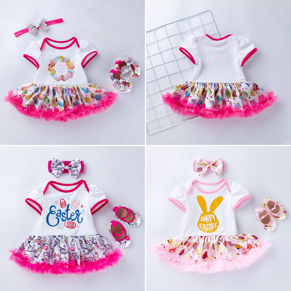 Summer New Baby Girl Printed Dress Easter Short-sleeved Dress Three-piece Set