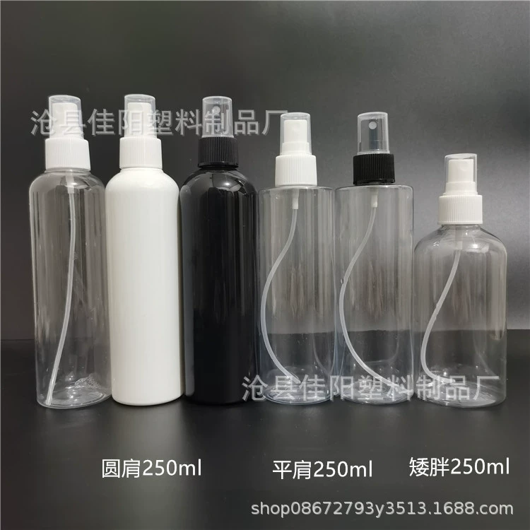 Флакон-спрей прозрачный 250 мл, ПЭТ, с плоскими плечиками, для жидкостей, спирта, косметики, пластиковый флакон из ПЭТ